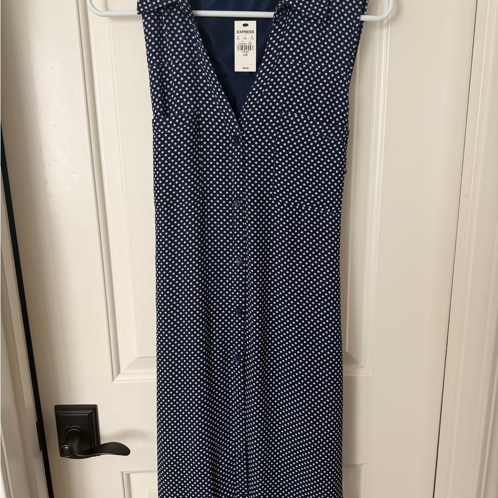 NWT: Express Navy Polka Dot Button-Front Midi Dress